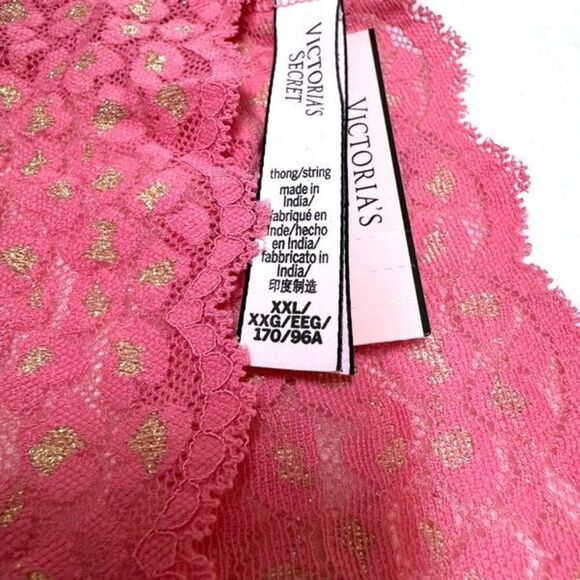 NWT (XXL) Victoria’s Secret The Lacie Sparkly Animal Lace Thong Panty Gold/Pink - Picture 10 of 10